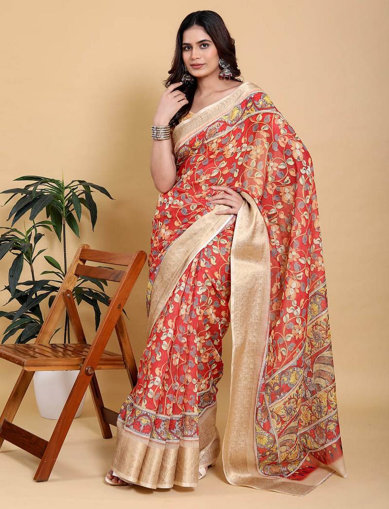 coral colour Ready to wear elegant print linen cotton saree with jacquard border & unstitched blouse