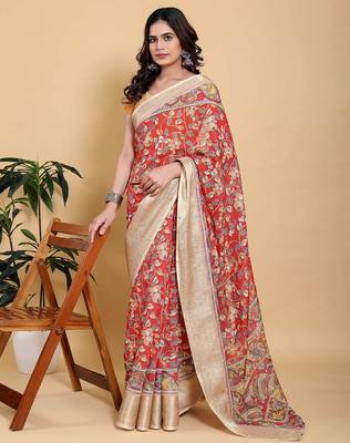 coral colour Ready to wear elegant print linen cotton saree with jacquard border & unstitched blouse 2