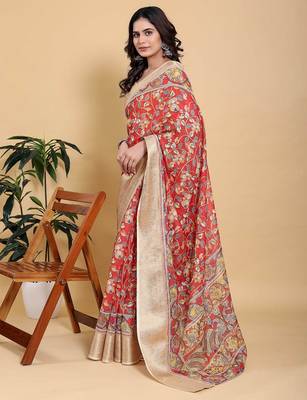 coral colour Ready to wear elegant print linen cotton saree with jacquard border & unstitched blouse 3