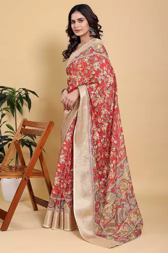 coral colour Ready to wear elegant print linen cotton saree with jacquard border & unstitched blouse