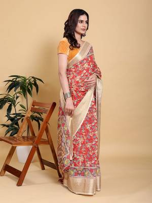 coral colour Ready to wear elegant print linen cotton saree with jacquard border & unstitched blouse 4