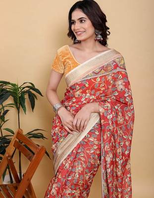 coral colour Ready to wear elegant print linen cotton saree with jacquard border & unstitched blouse 5