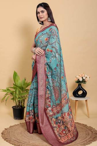 sky blue colur Ready to wear elegant print linen cotton saree with jacquard border & unstitched blouse