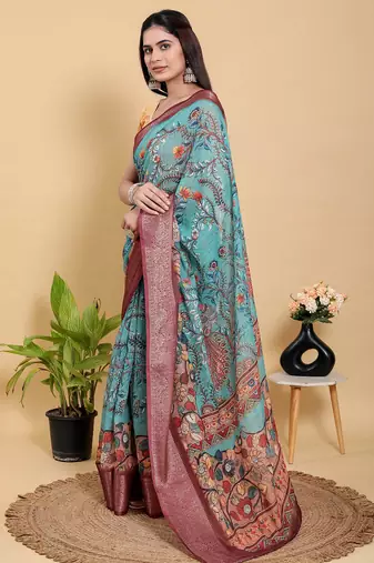 sky blue colur Ready to wear elegant print linen cotton saree with jacquard border & unstitched blouse