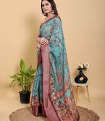 sky blue colur Ready to wear elegant print linen cotton saree with jacquard border & unstitched blouse