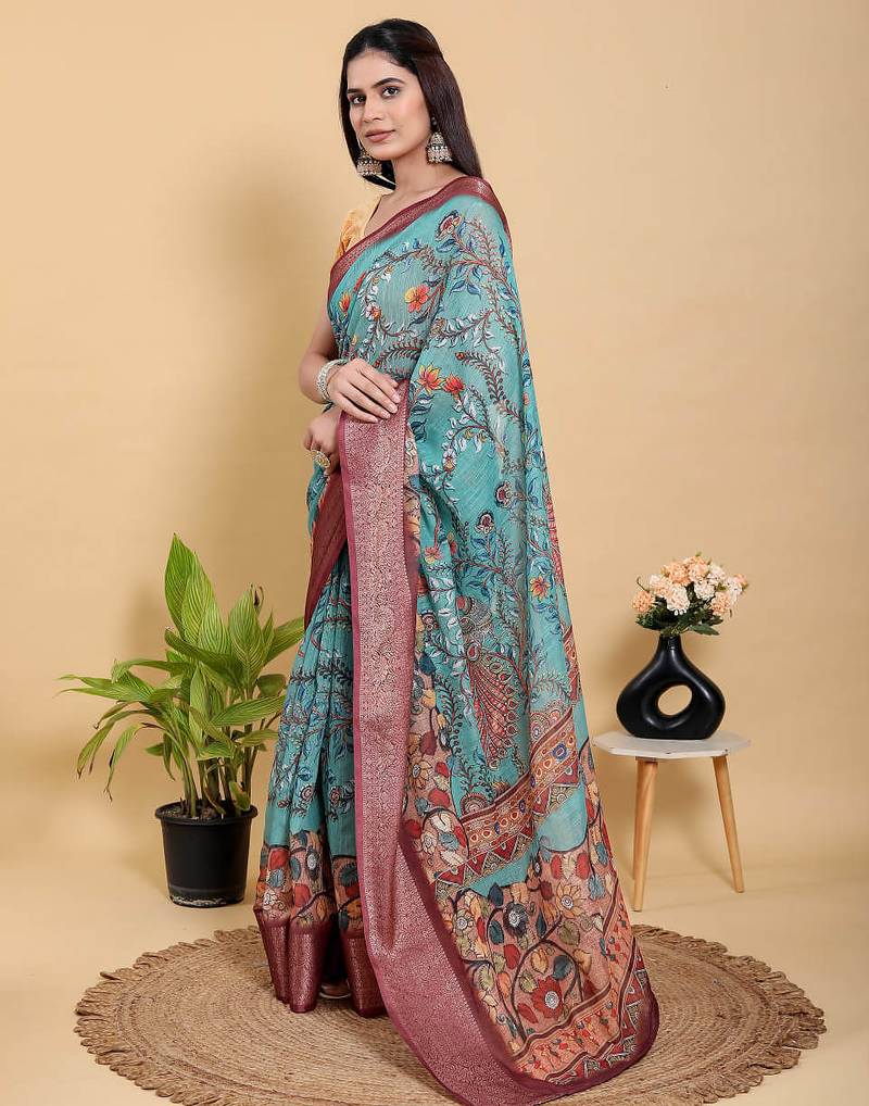 sky blue colur Ready to wear elegant print linen cotton saree with jacquard border & unstitched blouse