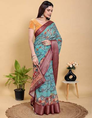 sky blue colur Ready to wear elegant print linen cotton saree with jacquard border & unstitched blouse 2
