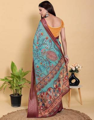sky blue colur Ready to wear elegant print linen cotton saree with jacquard border & unstitched blouse 3