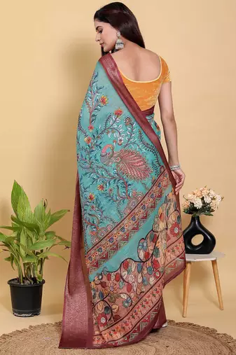 sky blue colur Ready to wear elegant print linen cotton saree with jacquard border & unstitched blouse