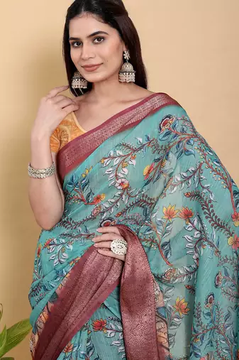 sky blue colur Ready to wear elegant print linen cotton saree with jacquard border & unstitched blouse
