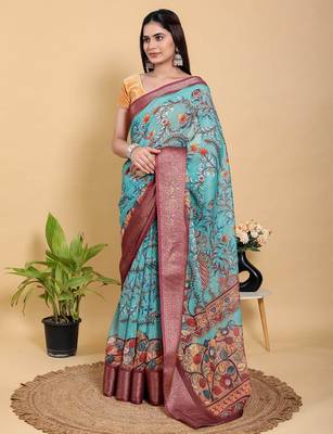 sky blue colur Ready to wear elegant print linen cotton saree with jacquard border & unstitched blouse 5