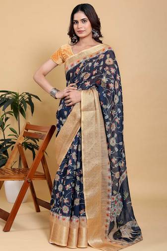 blue colour Ready to wear elegant print linen cotton saree with jacquard border & unstitched blouse