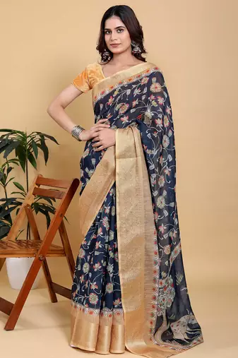 blue colour Ready to wear elegant print linen cotton saree with jacquard border & unstitched blouse