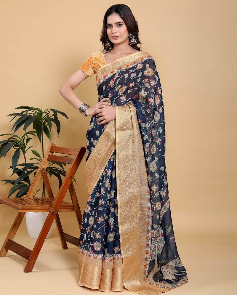 blue colour Ready to wear elegant print linen cotton saree with jacquard border & unstitched blouse