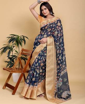 blue colour Ready to wear elegant print linen cotton saree with jacquard border & unstitched blouse 2