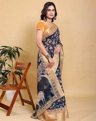blue colour Ready to wear elegant print linen cotton saree with jacquard border & unstitched blouse 4