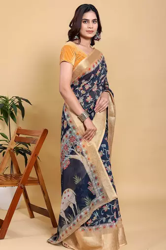 blue colour Ready to wear elegant print linen cotton saree with jacquard border & unstitched blouse
