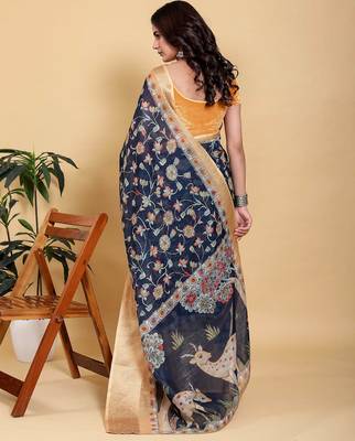 blue colour Ready to wear elegant print linen cotton saree with jacquard border & unstitched blouse 5