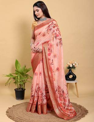 peach colour Ready to wear elegant print linen cotton saree with jacquard border & unstitched blouse 1