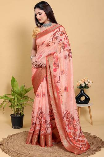peach colour Ready to wear elegant print linen cotton saree with jacquard border & unstitched blouse