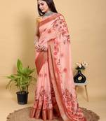 peach colour Ready to wear elegant print linen cotton saree with jacquard border & unstitched blouse