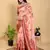 peach colour Ready to wear elegant print linen cotton saree with jacquard border & unstitched blouse