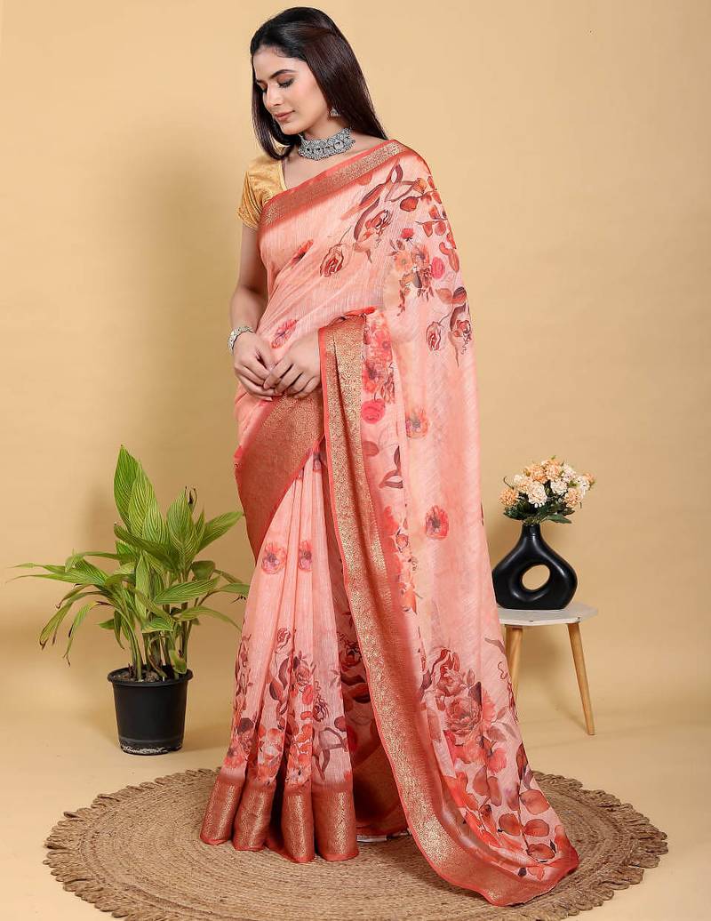 peach colour Ready to wear elegant print linen cotton saree with jacquard border & unstitched blouse