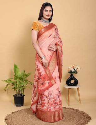 peach colour Ready to wear elegant print linen cotton saree with jacquard border & unstitched blouse 2