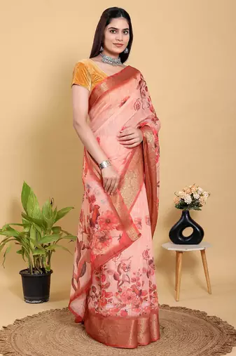 peach colour Ready to wear elegant print linen cotton saree with jacquard border & unstitched blouse