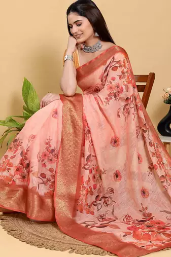 peach colour Ready to wear elegant print linen cotton saree with jacquard border & unstitched blouse