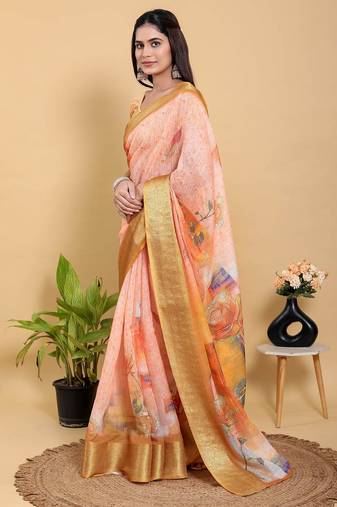 peach colour Ready to wear elegant print linen cotton saree with jacquard border & unstitched blouse