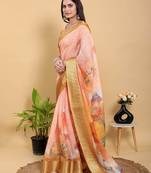 peach colour Ready to wear elegant print linen cotton saree with jacquard border & unstitched blouse