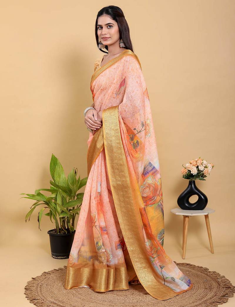 peach colour Ready to wear elegant print linen cotton saree with jacquard border & unstitched blouse