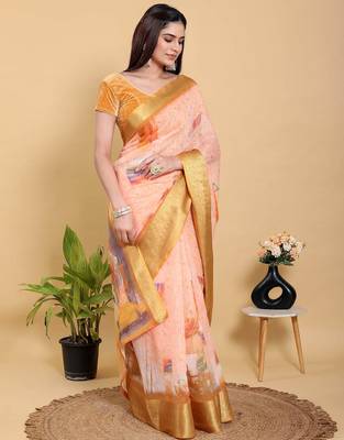 peach colour Ready to wear elegant print linen cotton saree with jacquard border & unstitched blouse 2