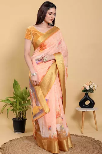 peach colour Ready to wear elegant print linen cotton saree with jacquard border & unstitched blouse