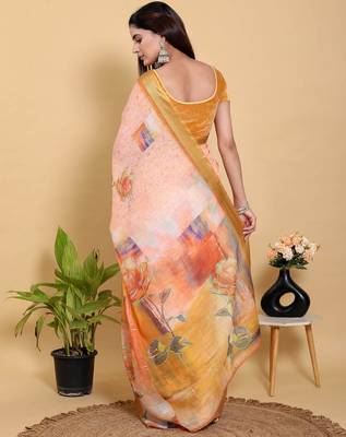 peach colour Ready to wear elegant print linen cotton saree with jacquard border & unstitched blouse 3