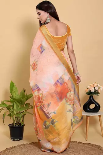 peach colour Ready to wear elegant print linen cotton saree with jacquard border & unstitched blouse