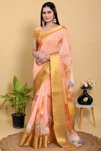 peach colour Ready to wear elegant print linen cotton saree with jacquard border & unstitched blouse