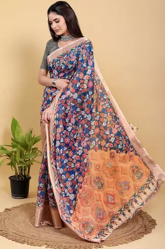 blue colour Ready to wear elegant print linen cotton saree with jacquard border & unstitched blouse