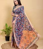 blue colour Ready to wear elegant print linen cotton saree with jacquard border & unstitched blouse