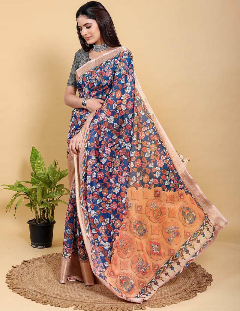 blue colour Ready to wear elegant print linen cotton saree with jacquard border & unstitched blouse