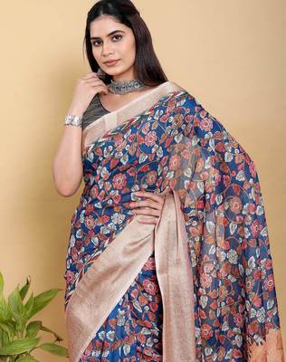blue colour Ready to wear elegant print linen cotton saree with jacquard border & unstitched blouse 2