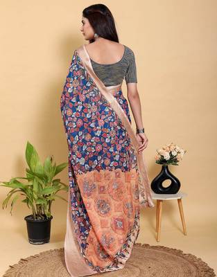 blue colour Ready to wear elegant print linen cotton saree with jacquard border & unstitched blouse 3