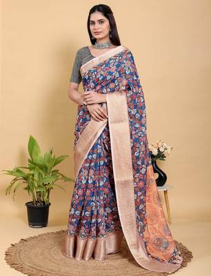 blue colour Ready to wear elegant print linen cotton saree with jacquard border & unstitched blouse 4