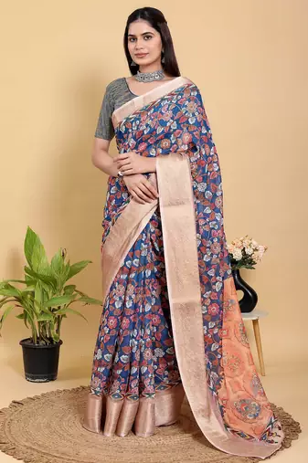 blue colour Ready to wear elegant print linen cotton saree with jacquard border & unstitched blouse