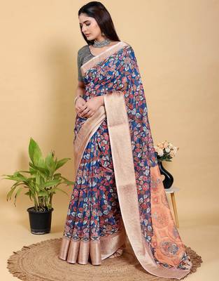 blue colour Ready to wear elegant print linen cotton saree with jacquard border & unstitched blouse 5