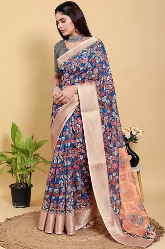 blue colour Ready to wear elegant print linen cotton saree with jacquard border & unstitched blouse