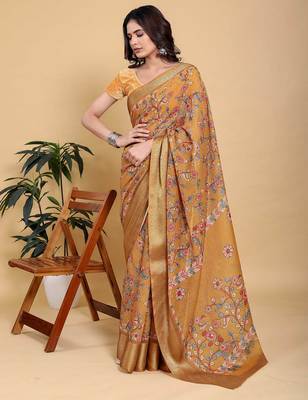 orange colour Ready to wear elegant print linen cotton saree with jacquard border & unstitched blouse 1