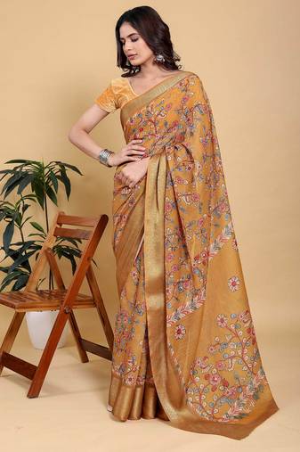 orange colour Ready to wear elegant print linen cotton saree with jacquard border & unstitched blouse