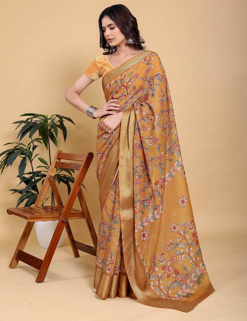 orange colour Ready to wear elegant print linen cotton saree with jacquard border & unstitched blouse